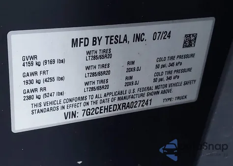 2024 Tesla Cybertruck All-Wheel Drive z USA, uszkodzony, nr VIN 7G2CEHEDXRA027241